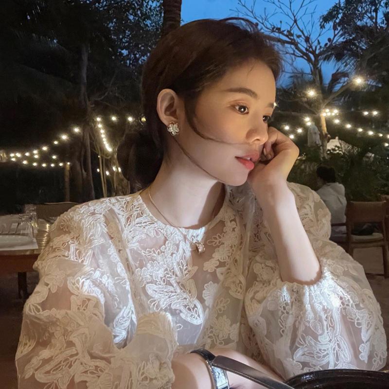 Street Fashion Korea - MEXZT Elegant Sheer White Shirts Women