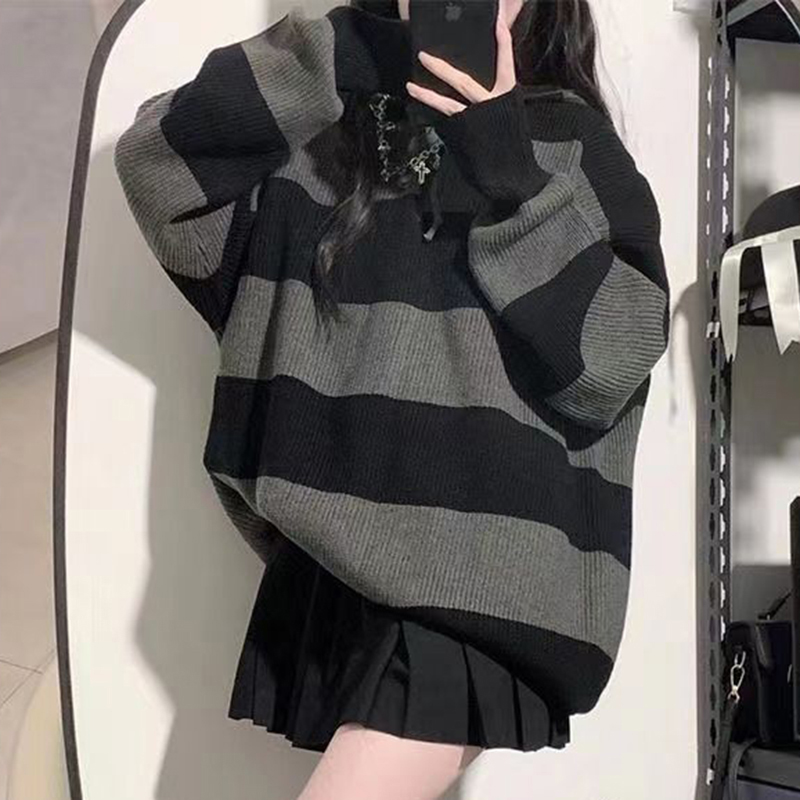 Street Fashion Korea - Streetwear Striped Sweater Women Oversized Knitted
