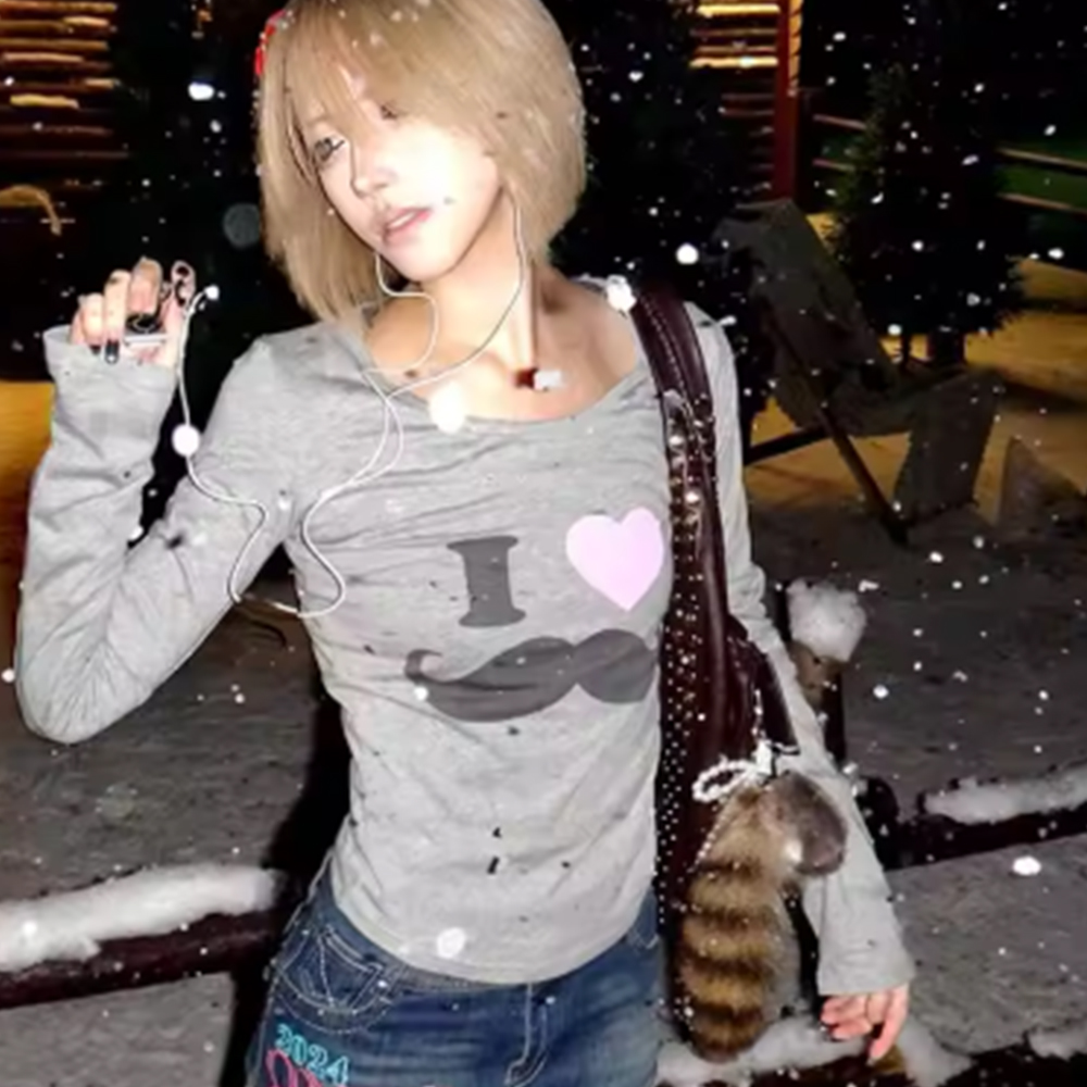 Japanese Y2K Beard Print T-Shi - đánh giá và giá Street Fashion Korea