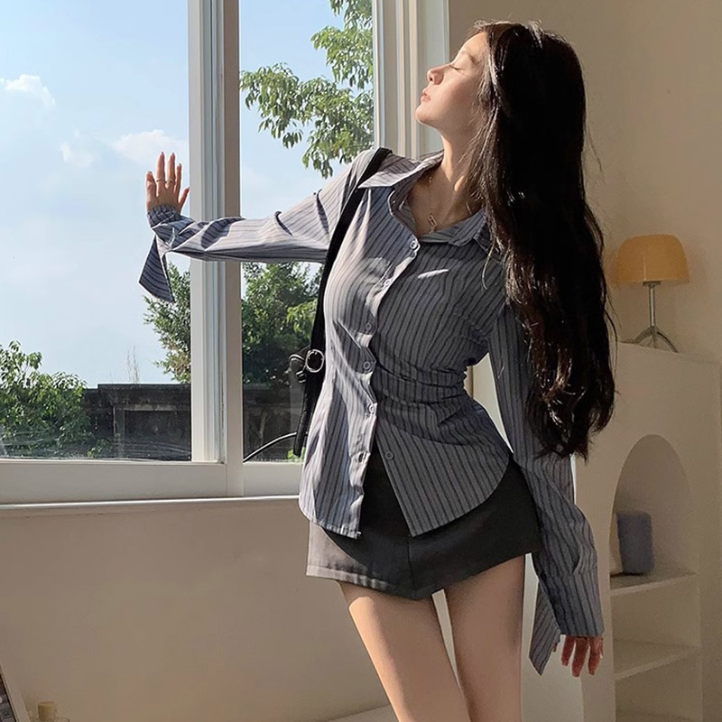 Y2k Striped Shirt Women Long S - đánh giá và giá Street Fashion Korea